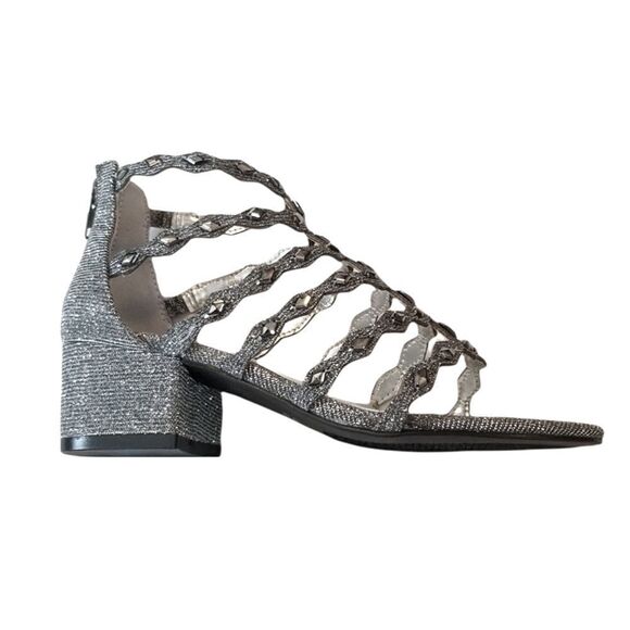Nina Girls Silver Sparkle Gladiator Zipper Block Heel Sandals Size 2 - Picture 3 of 7